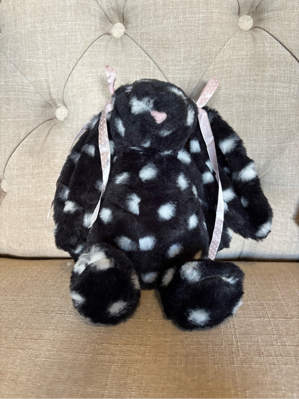 Jellycat Black & White Spotted Bunny with Pink Ribbon Accents